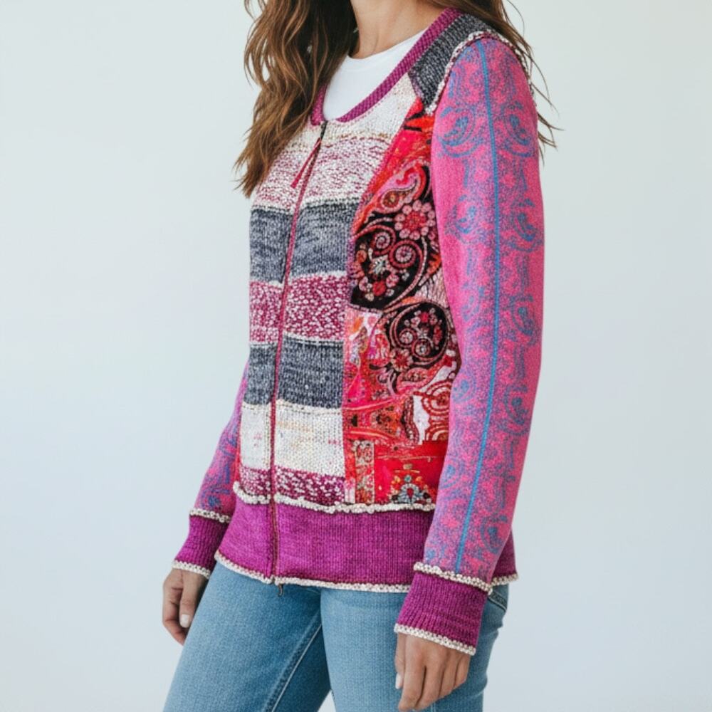 NWT Kaktus Patchwork Paisley Knit Zip Cardigan Jacket Pink Purple Size L Boho